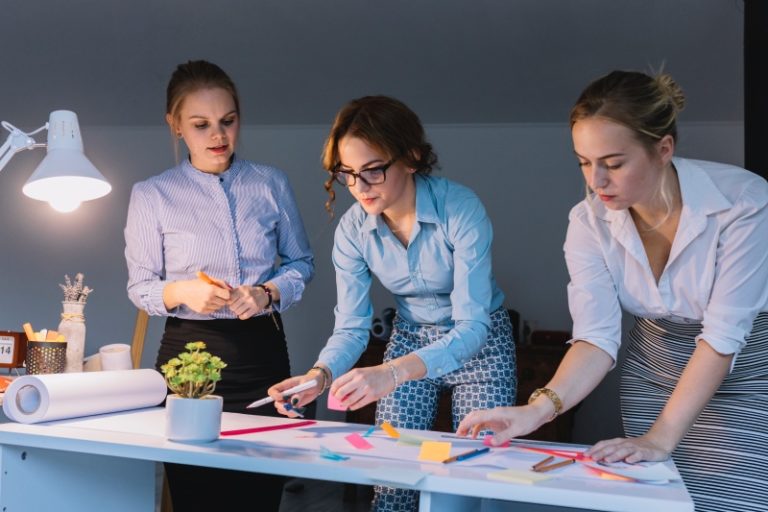 typy kultury organizacyjnej -trzy dziewczyny pracujące nad projektem rozłożonym na biurku przy zapalonej lampce biurowej