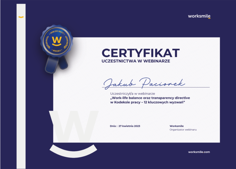 Certyfikat uczestnictwa​ w webinarze Worksmile